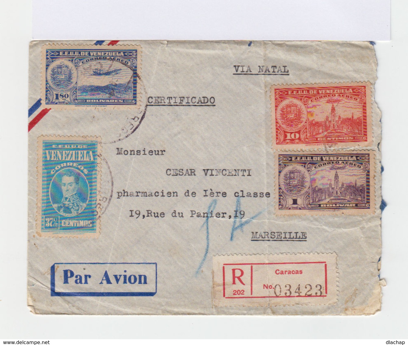 Enveloppe Recommandée Vénèzuela Par Avion. Via Natal. Trois Timbres 1938 Courrier Aérien. Un Timbre Bolivar 37,5 C. (732 - Venezuela