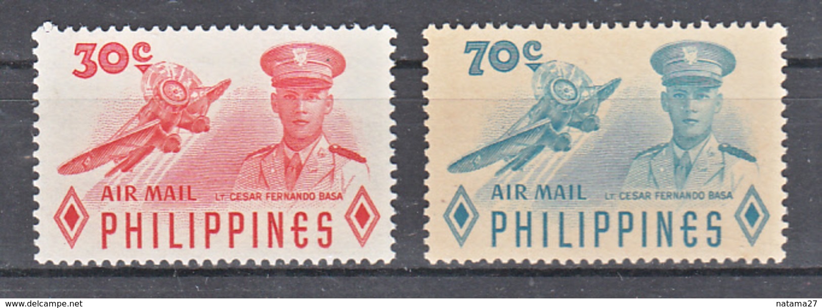 Filippine Philippines Philippinen Filipinas 1955 Lieutenant Cesar Basa, Air Mail Set Of 2 Stamps, Toned Gum - MNH** - Filippijnen