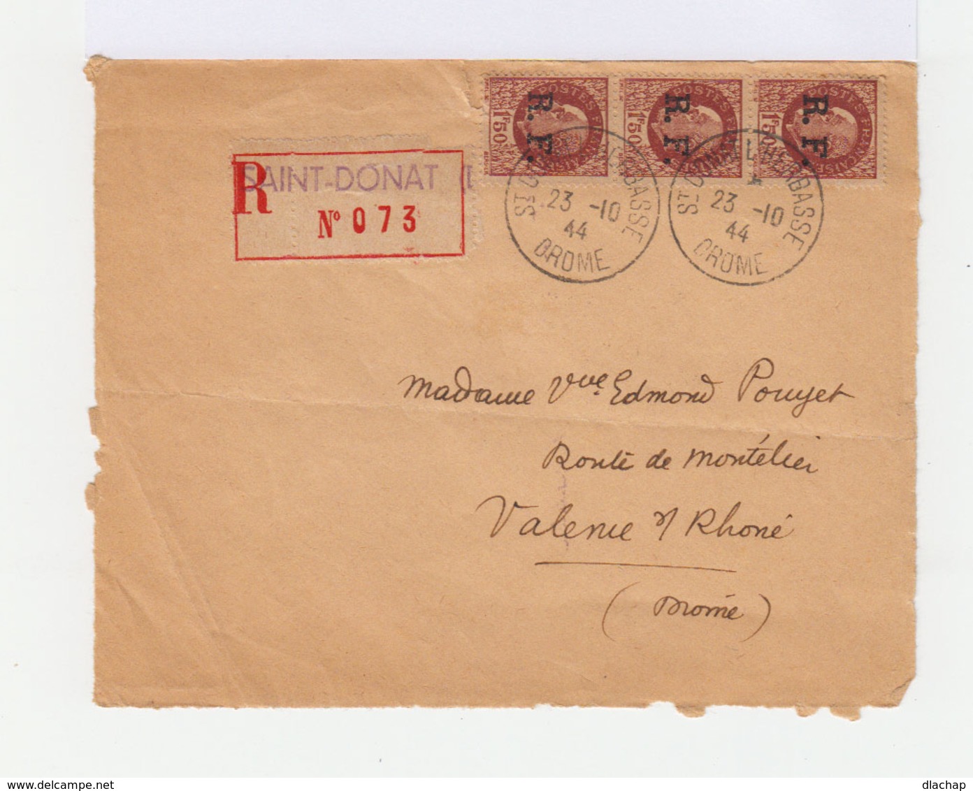 Sur Enveloppe 3 Timbres Pétain 1941 42 Surchargés RF. R.A.Lyon. CAD St Donnat L'Herbasse Drôme. (734) - Libération