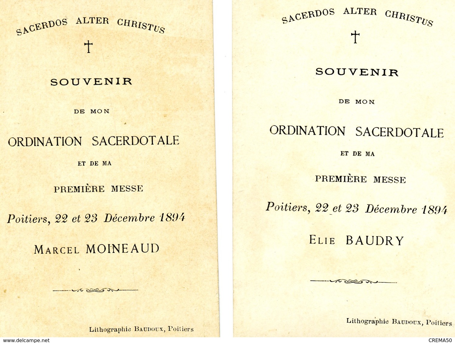 Souvenir D'ordination Sacerdotale - Poitiers Le 22 Et 23 / 12 / 1894 - Santini