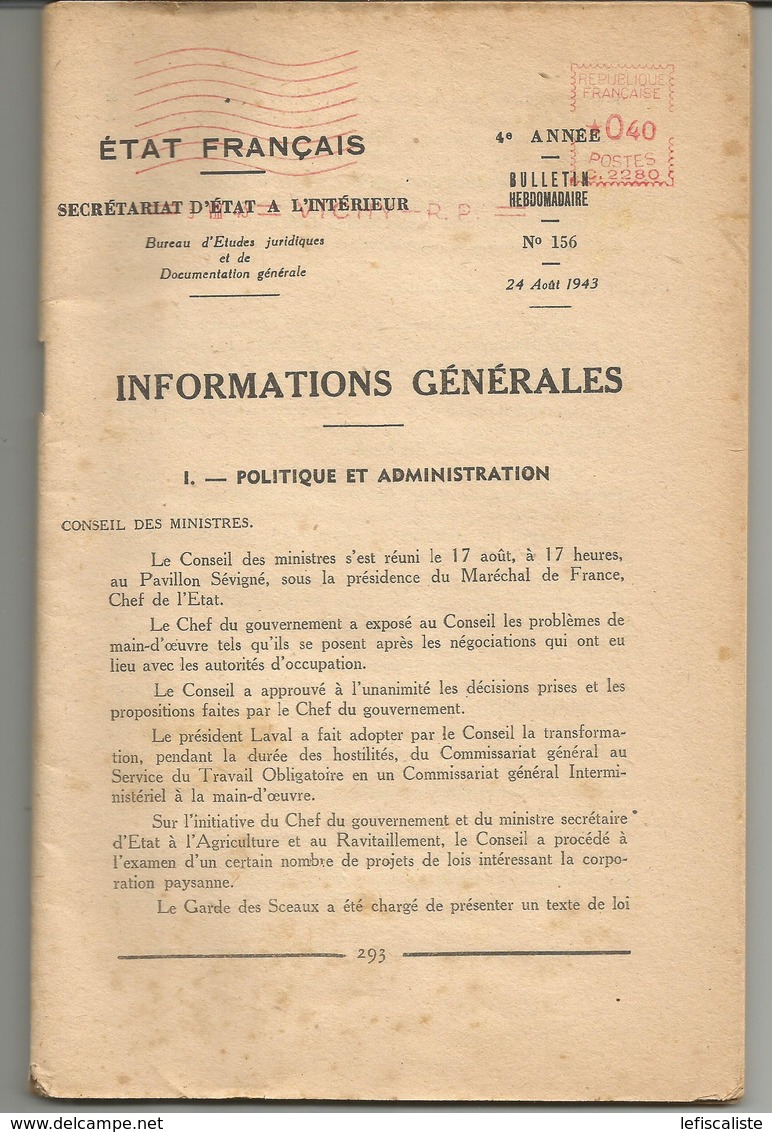 Etat Français - Informations Générales Vichy Aout 1943 - Documents Historiques