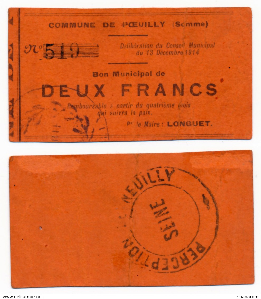 1914 - 1918 // SOMME // Commune De POEUILLY // Bon De Deux Francs - Bons & Nécessité