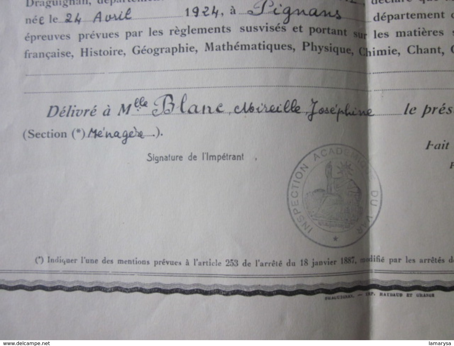 Diplôme--1941 BREVET D'ENSEIGNEMENT PRIMAIRE SUPÉRIEUR  Bulletin Scolaire Académie D'Aix-Blanc Née à SIGNANS Var 1924 - Diplomas Y Calificaciones Escolares