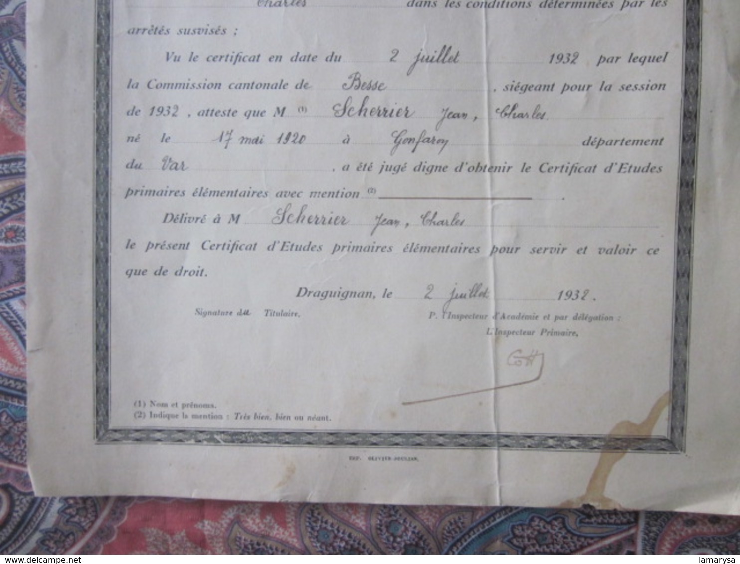 Diplôme--DRAGUIGNAN 1932 CERTIFICAT ETUDES PRIMAIRES ELEMENTAIRES-Scherrier Jean Charles Né 1920 à GONFARON Var - Diplome Und Schulzeugnisse