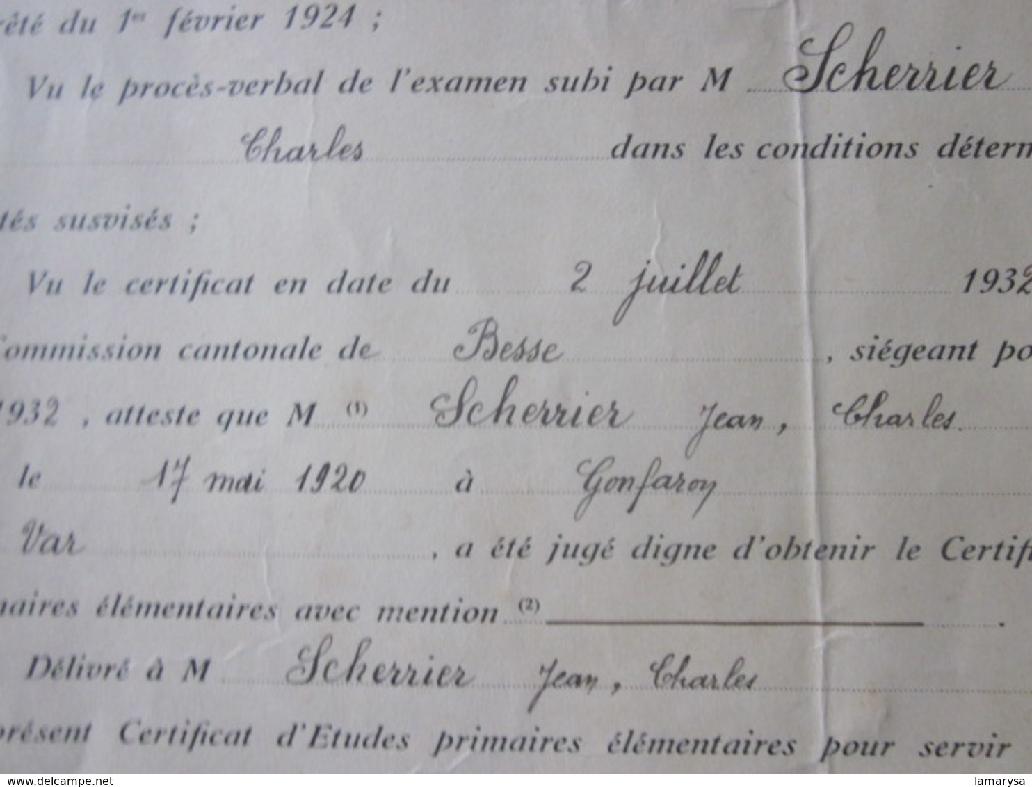 Diplôme--DRAGUIGNAN 1932 CERTIFICAT ETUDES PRIMAIRES ELEMENTAIRES-Scherrier Jean Charles Né 1920 à GONFARON Var - Diplômes & Bulletins Scolaires