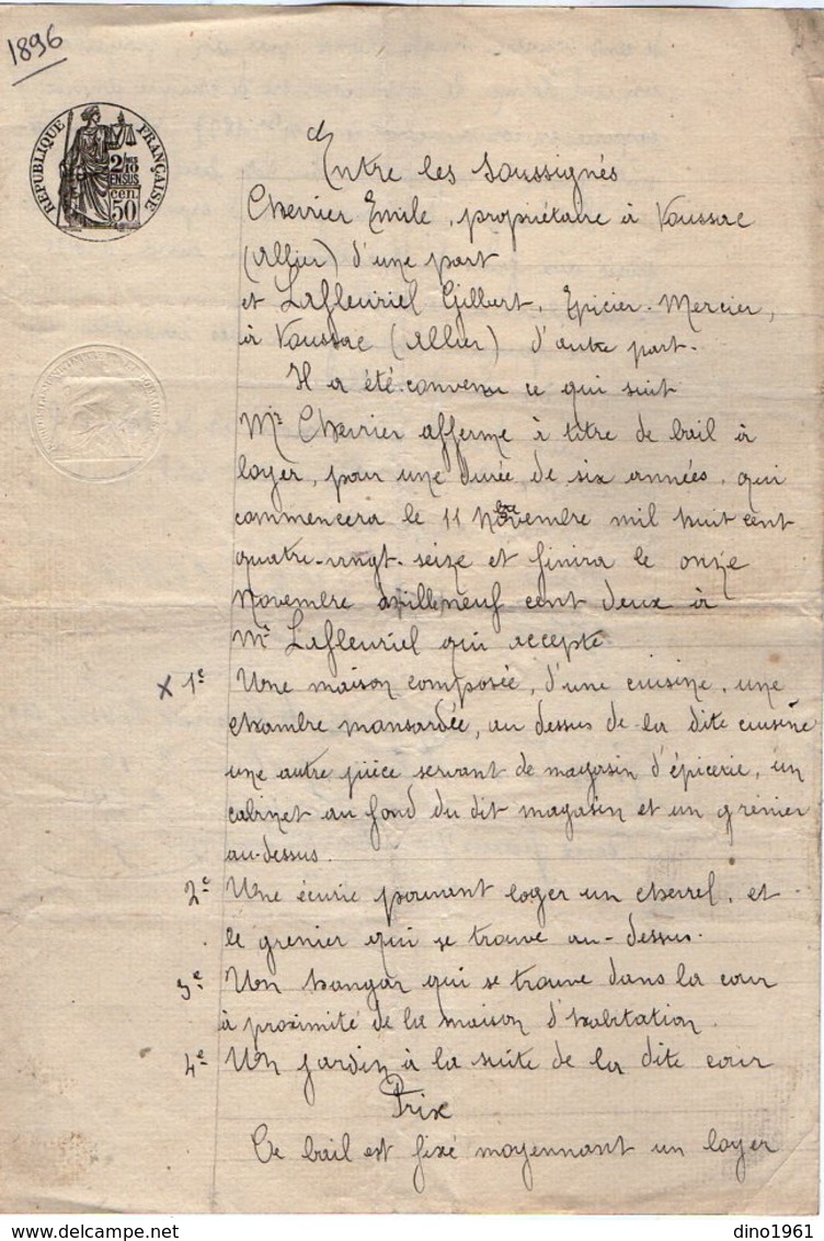 VP13.126 - CHANTELLE - Acte De 1896 - Entre Mrs CHEVRIER & LAFLEURIEL Bail D'une Maison Située à VAUSSAC - Manuscrits