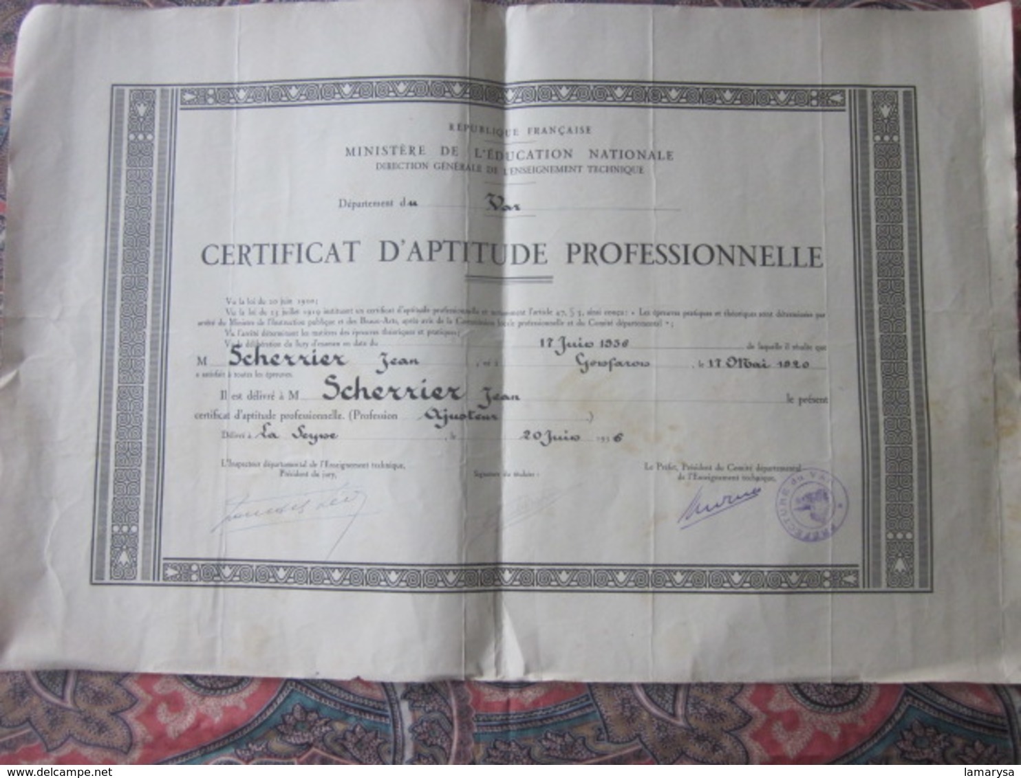 Diplôme-LA SEYNE SUR MER 1936 CERTIFICAT APTITUDE PROFESSIONNELLE AJUSTEUR-Scherrier Jean Charles Né 1920 à GONFARON Var - Diplômes & Bulletins Scolaires