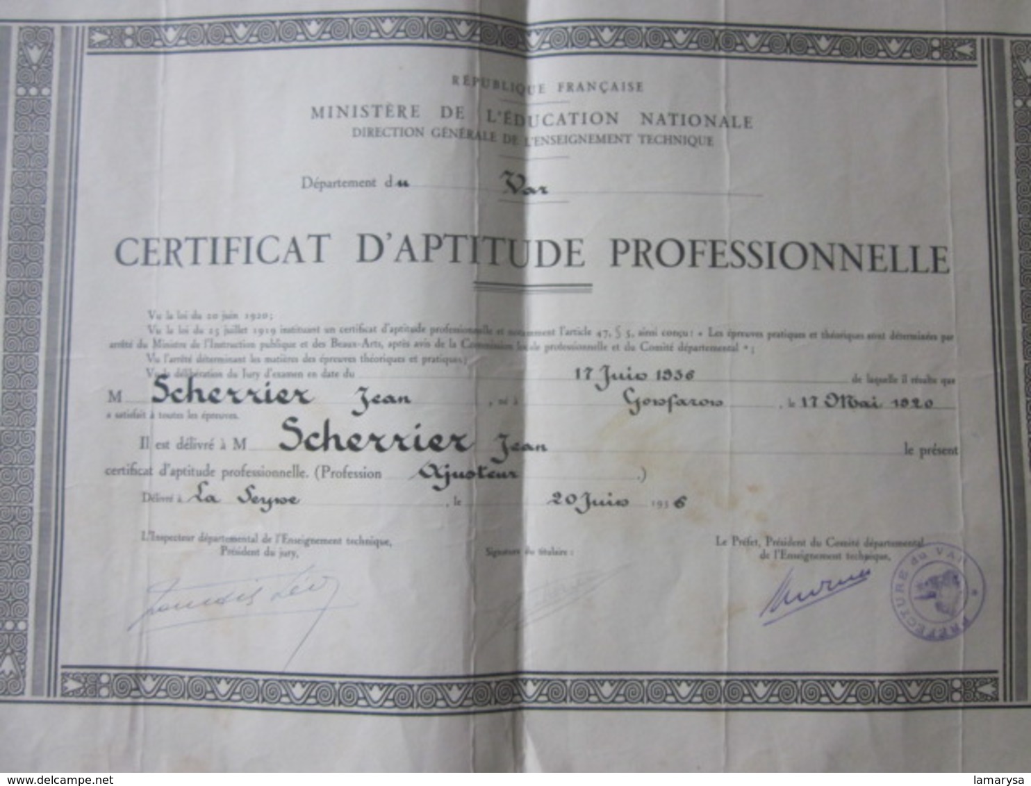 Diplôme-LA SEYNE SUR MER 1936 CERTIFICAT APTITUDE PROFESSIONNELLE AJUSTEUR-Scherrier Jean Charles Né 1920 à GONFARON Var - Diplômes & Bulletins Scolaires