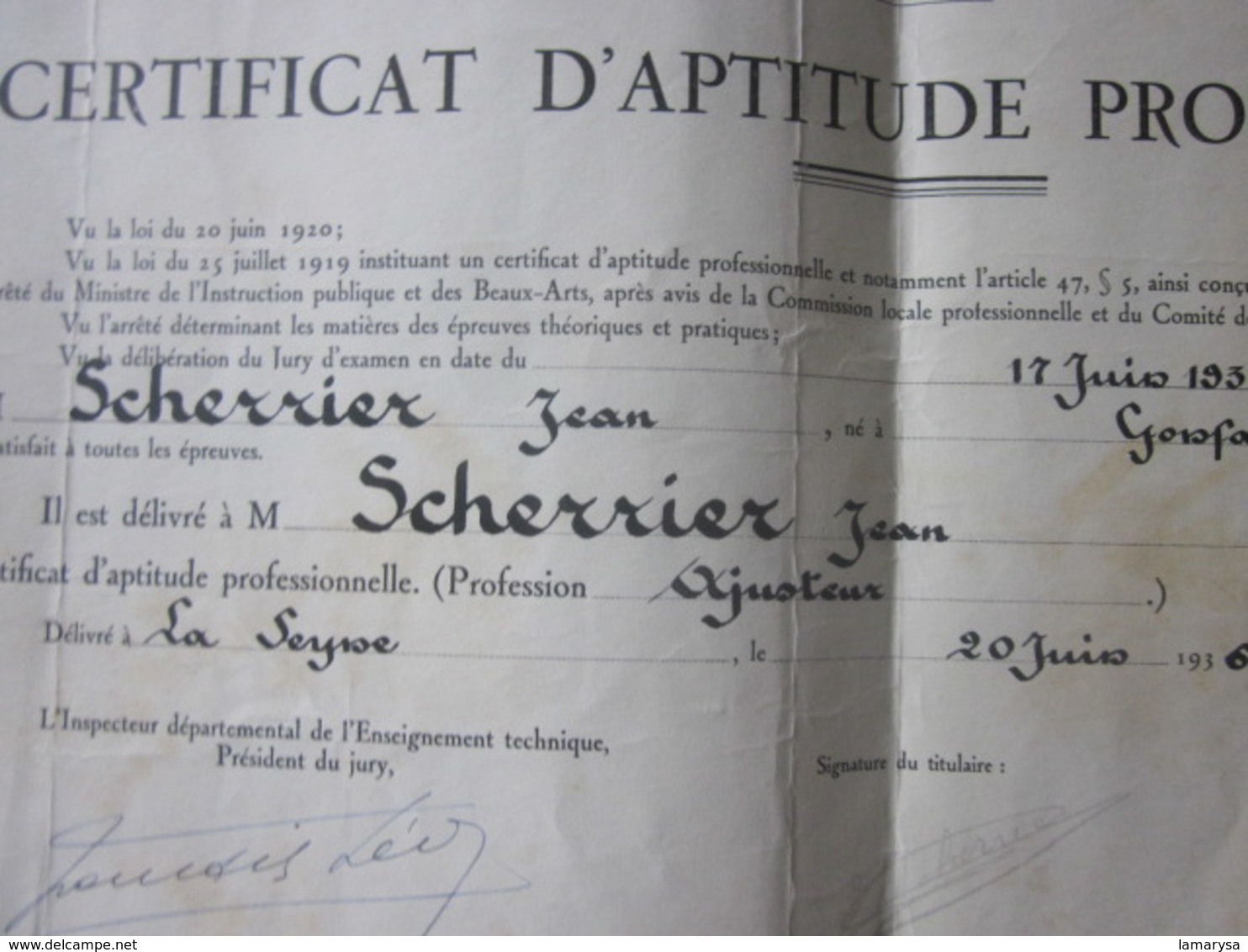 Diplôme-LA SEYNE SUR MER 1936 CERTIFICAT APTITUDE PROFESSIONNELLE AJUSTEUR-Scherrier Jean Charles Né 1920 à GONFARON Var - Diplômes & Bulletins Scolaires