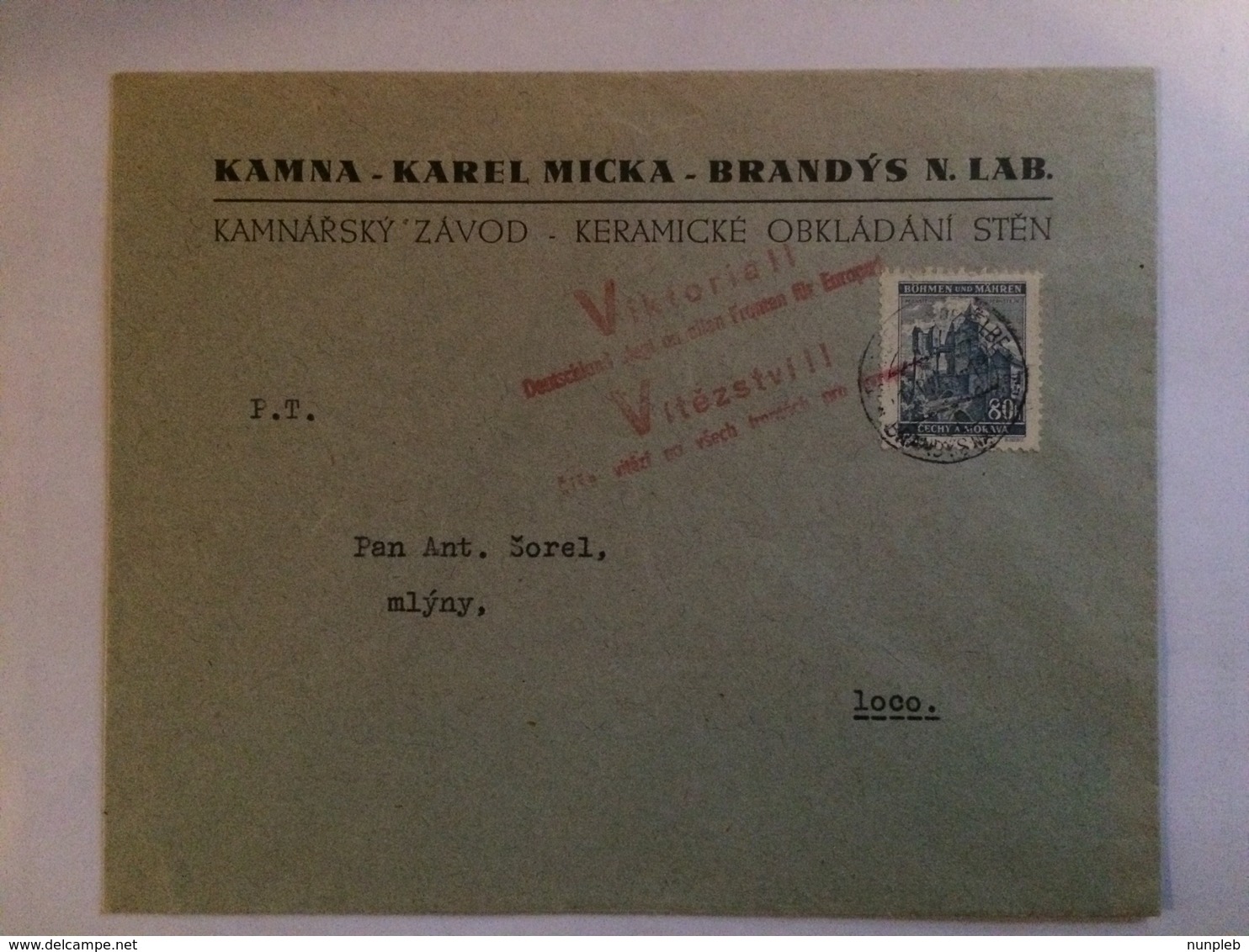 BOHMEN & MORAVIA - 1941? Cover - Brandýs Nad Labem-Stará Boleslav To Mlyny With `Viktoriall ` Cachet In Czech And German - Covers & Documents