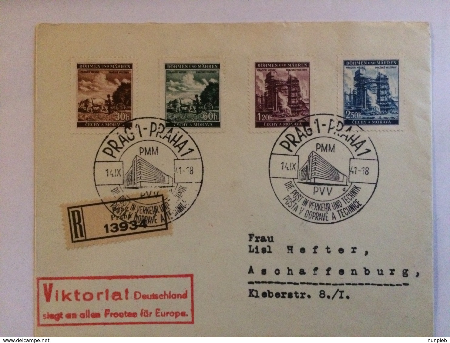 BOHMEN & MORAVIA 1941 Postcard Prague Registered To Aschaffenburg With Technical Exhibition Handstamps + Victory Cachet - Covers & Documents