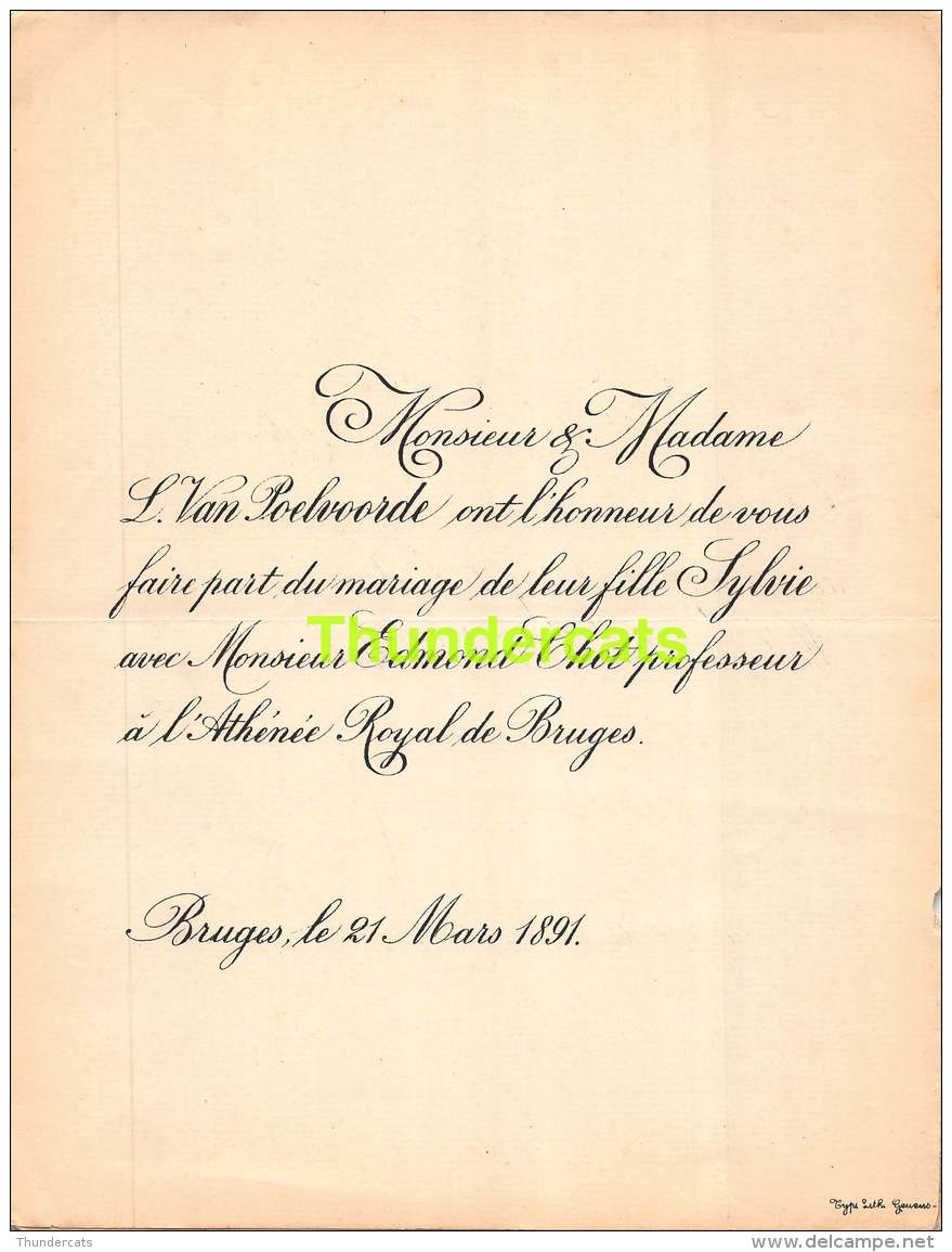 FAIRE PART MARIAGE L VAN POELVOORDE SYLVIE EDMOND CHOT BRUGES BRUGGE 1891 - Mariage