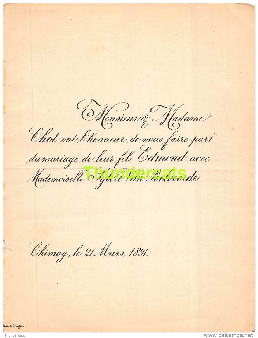 FAIRE PART MARIAGE CHOT EDMOND SYLVIE VAN POELVOORDE CHIMAY 1891 - Mariage