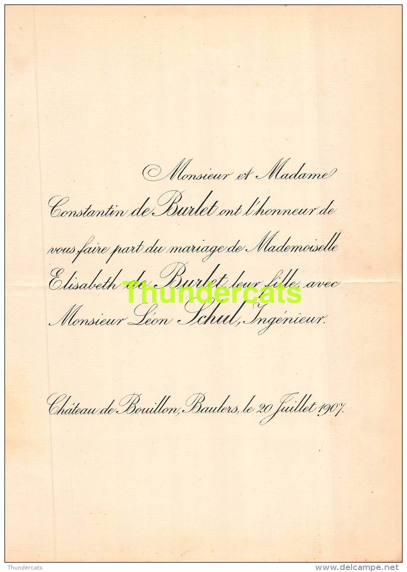 FAIRE PART MARIAGE CONSTANTIN DE BURLET ELISABETH LEON SCHUL BOUILLON BAULERS - Mariage