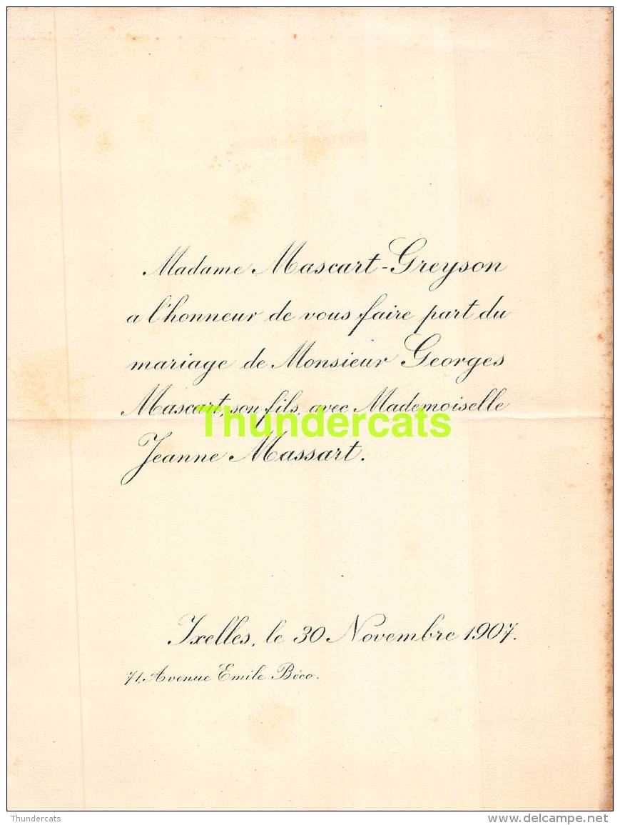 FAIRE PART MARIAGE  MASCART GREYSON GEORGES JEANNE MASSART IXELLES 1907 - Mariage