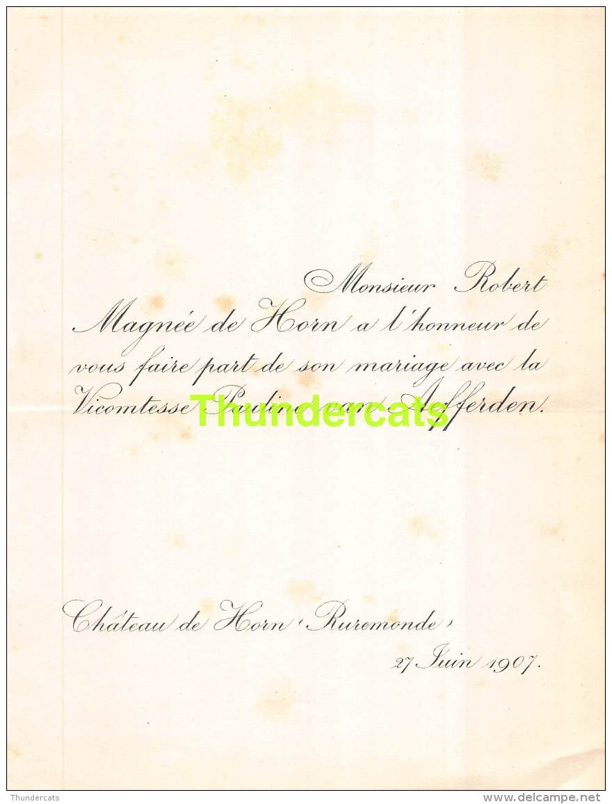 FAIRE PART MARIAGE  ROBERT MAGNEE DE HORN PAULINE VAN AEFFERDEN RUREMONDE ROERMOND 1907 - Mariage