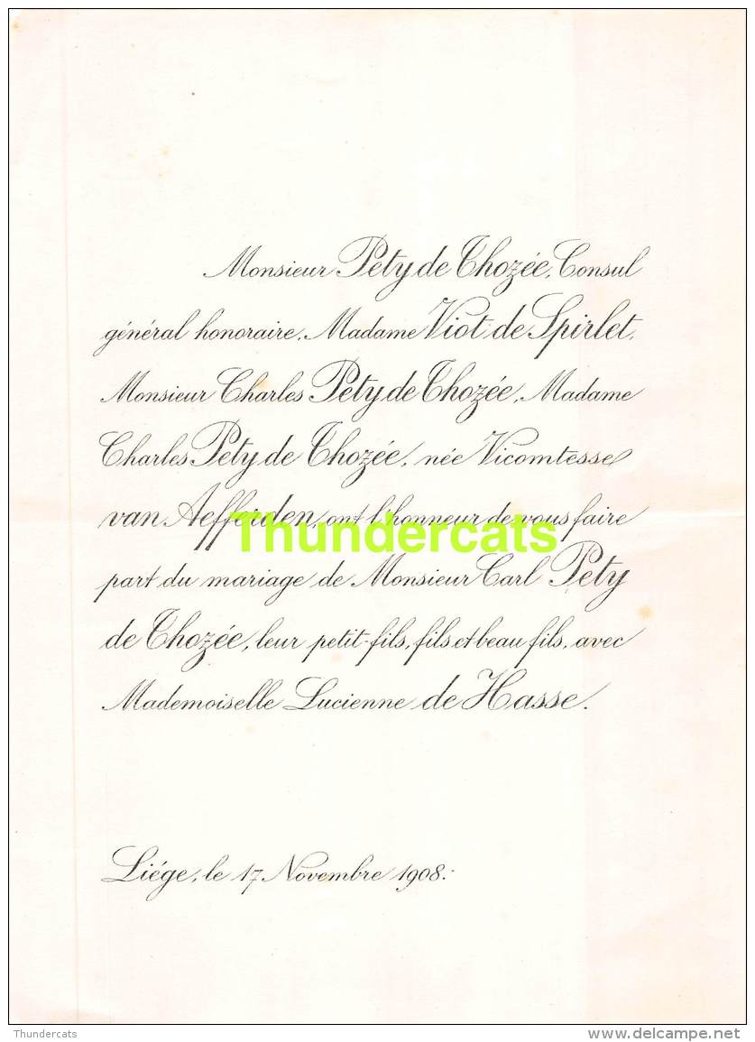 FAIRE PART MARIAGE PETY DE THOZEE VIOT DE SPIRLET CHARLES VAN AEFFERDEN CARL LUCIENNE DE HASSE LIEGE 1908 - Mariage