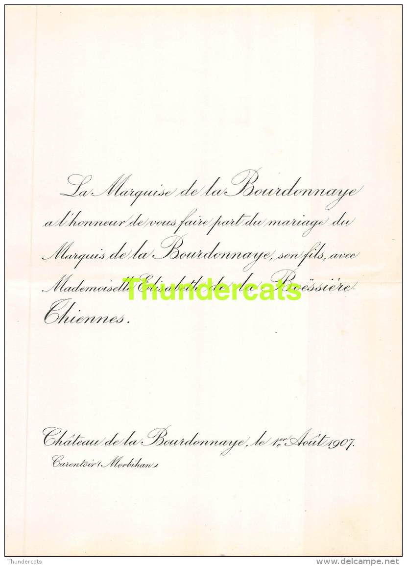 FAIRE PART MARIAGE MARQUISE DE LA BOURDONNAYE ELISABETH DE LA BOESSIERE THIENNES CARENTOIR MORBIHAN - Mariage