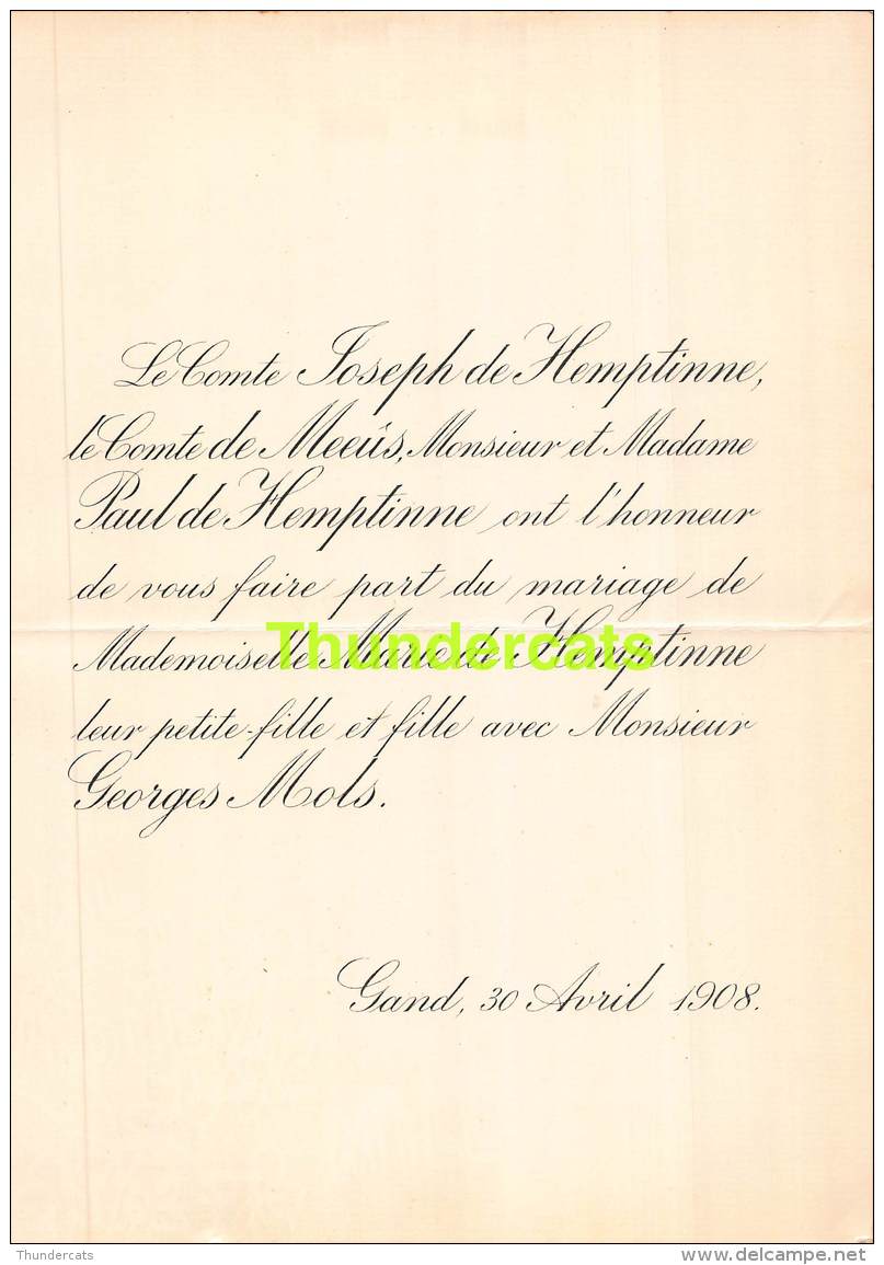 FAIRE PART MARIAGE JOSEPH DE HEMPTINNELE COMTE DE MEEUS PAUL MARIE GEORGES MOLS GAND GENT 1908 - Mariage