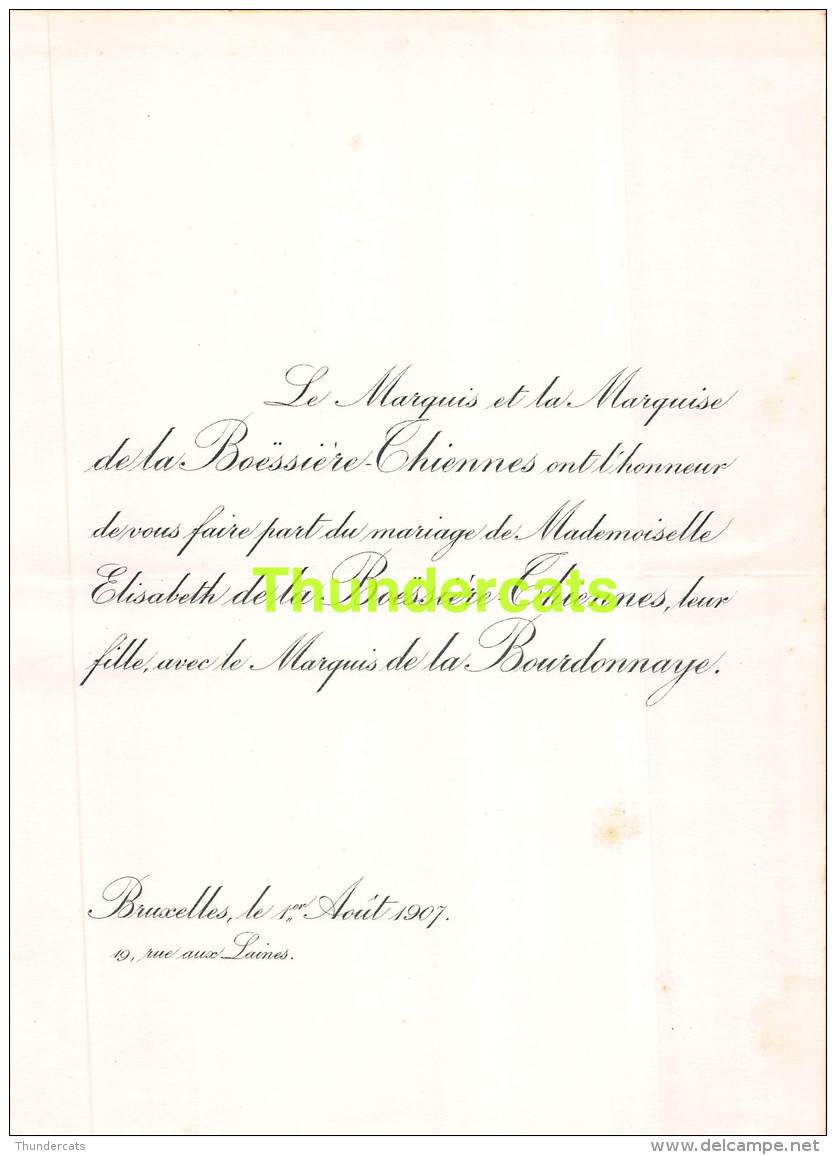 FAIRE PART MARIAGE DE LA BOESSIERE THIENNES ELISABETH MARQUIS DE LA BOURDONNAYE - Mariage