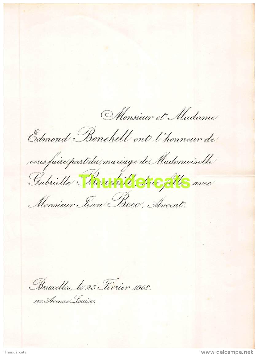 FAIRE PART MARIAGE EDMOND BONEHILL GABRIELLE JEAN BECO BRUXELLES 1908 - Mariage