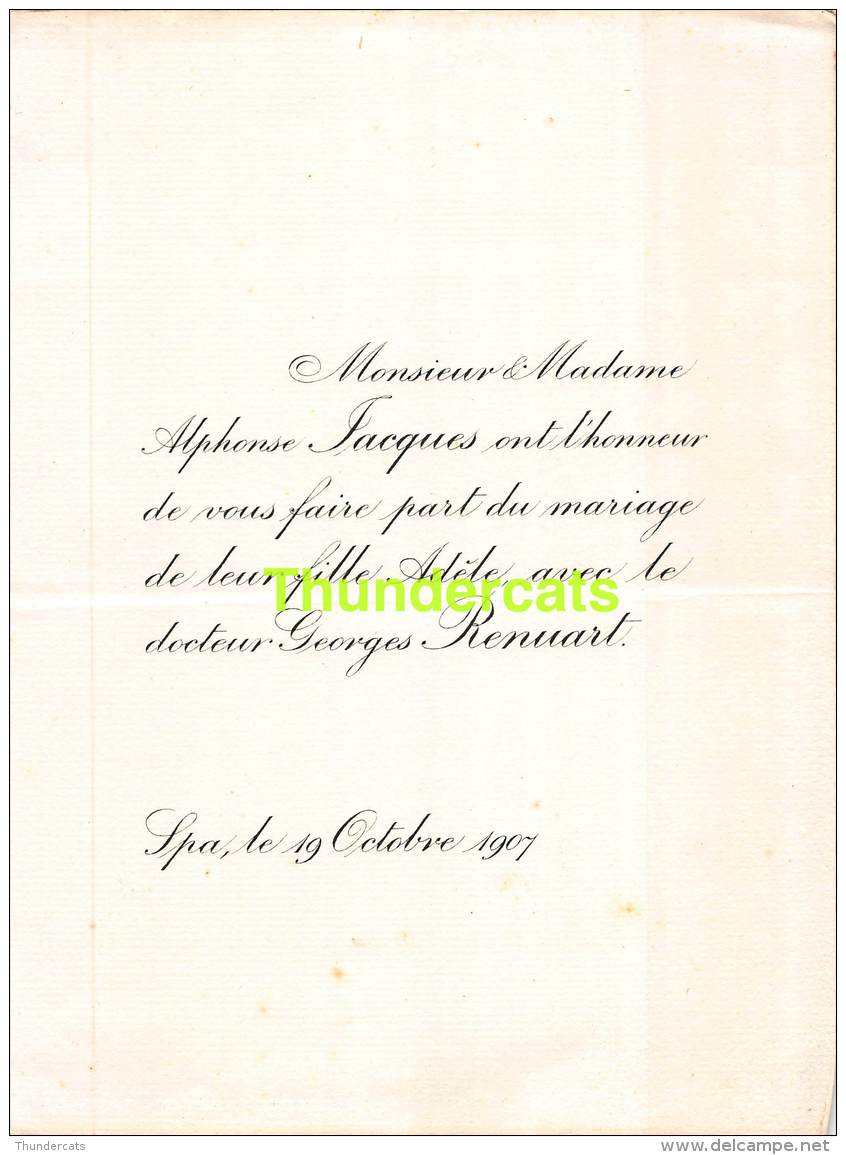 FAIRE PART MARIAGE  ALPHONSE JACQUES ADELE GEORGES RENUART SPA 1907 - Mariage