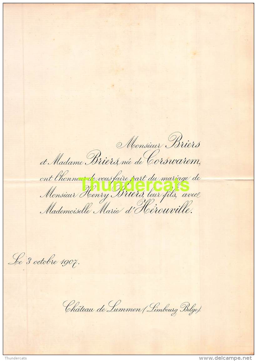 FAIRE PART MARIAGE  BRIERS DECORSWAREM HENRY MARIE D'HEROUVILLE LUMMEN LIMBOURG 1907 - Mariage