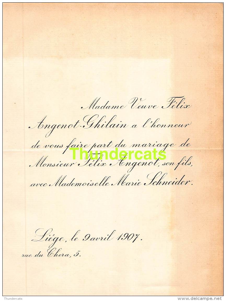 FAIRE PART MARIAGE  FELIX ANGENOT GHILAIN MARIE SCHNEIDER LIEGE 1907 - Mariage