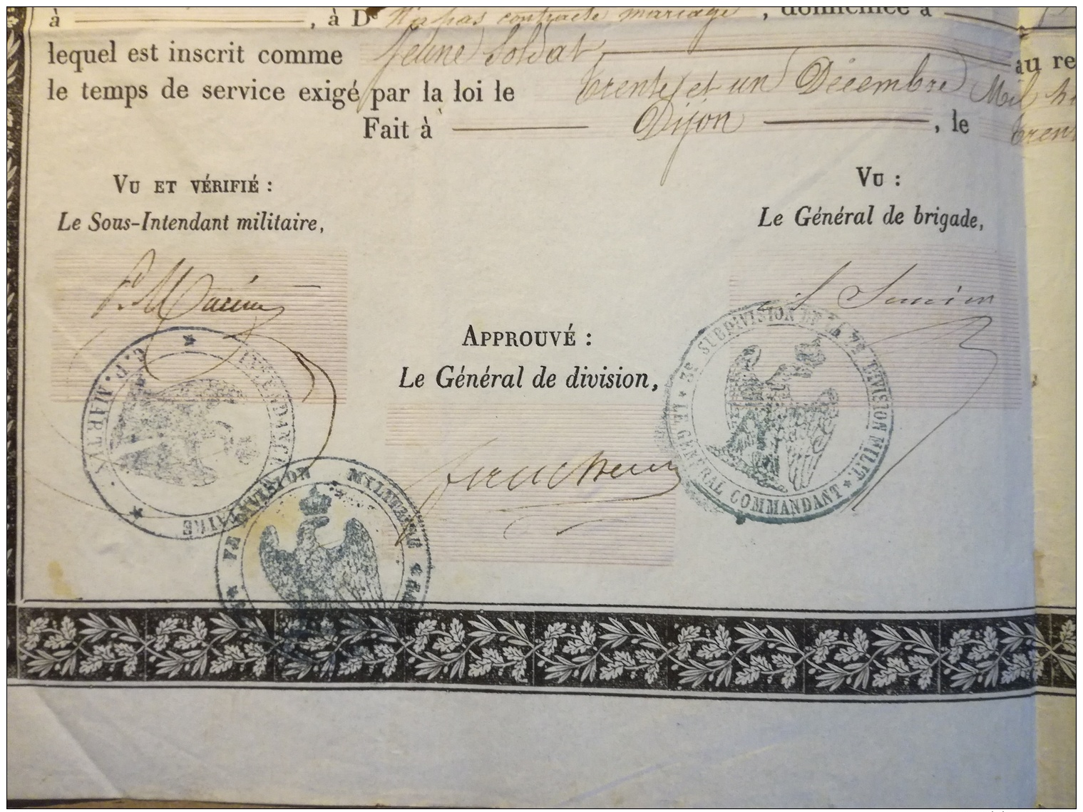 Congé De Libération 1861, 7e Div Militaire De DIJON. Fontangy, Précy Sous Thil,  Signatures à Identifier - Historical Documents