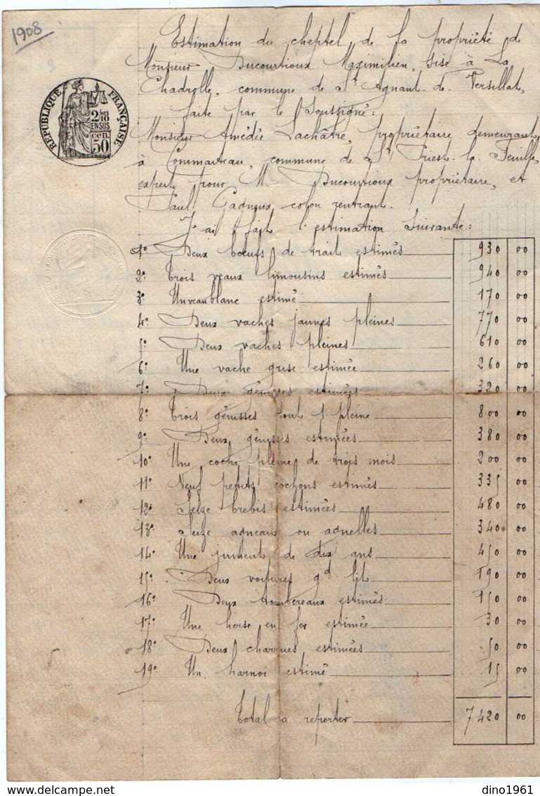 VP13.130 - Acte De 1908 - Estimation Du Cheptel De Mr M. DUCOURTIOUX à SAINT AGNANT DE VERSILLAT - Manuscrits