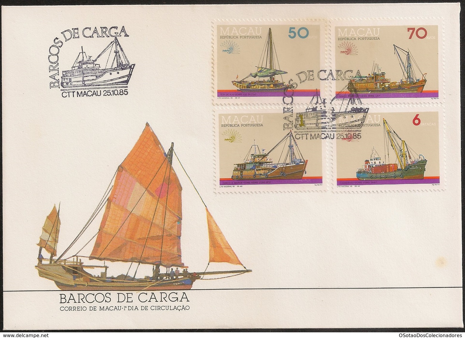 Macau Macao Chine FDC 1985 - Meios Transporte Tradicionais Barcos Carga - Stamp Exhibition Italia Cargo Boats - MNH/Neuf - FDC