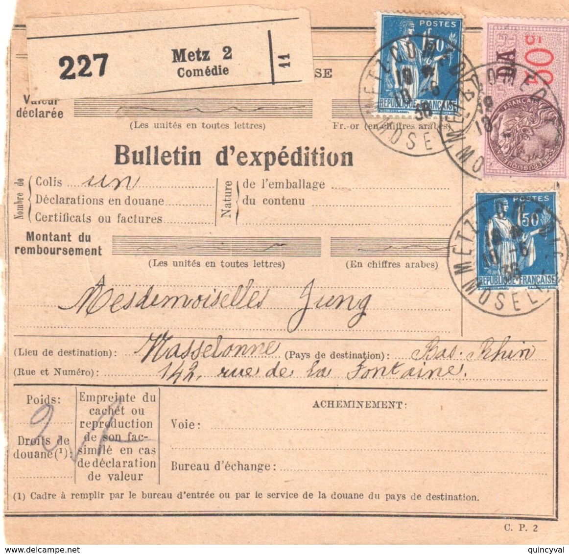 3023 Metz 2 Bulletin D'expédition Alsace Lorraine 18 6 1936 Type Paix 1,50 F Bleu Yv 288  Local < 3kg 3 F Tf 1 5 27 - Lettres & Documents