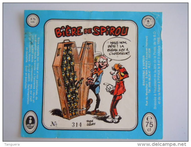 Flyer Bière De Spirou Tome Janry N° 314 75 Cl 8 ° Vol. 1988 Brasserie Pipaix - Alcools