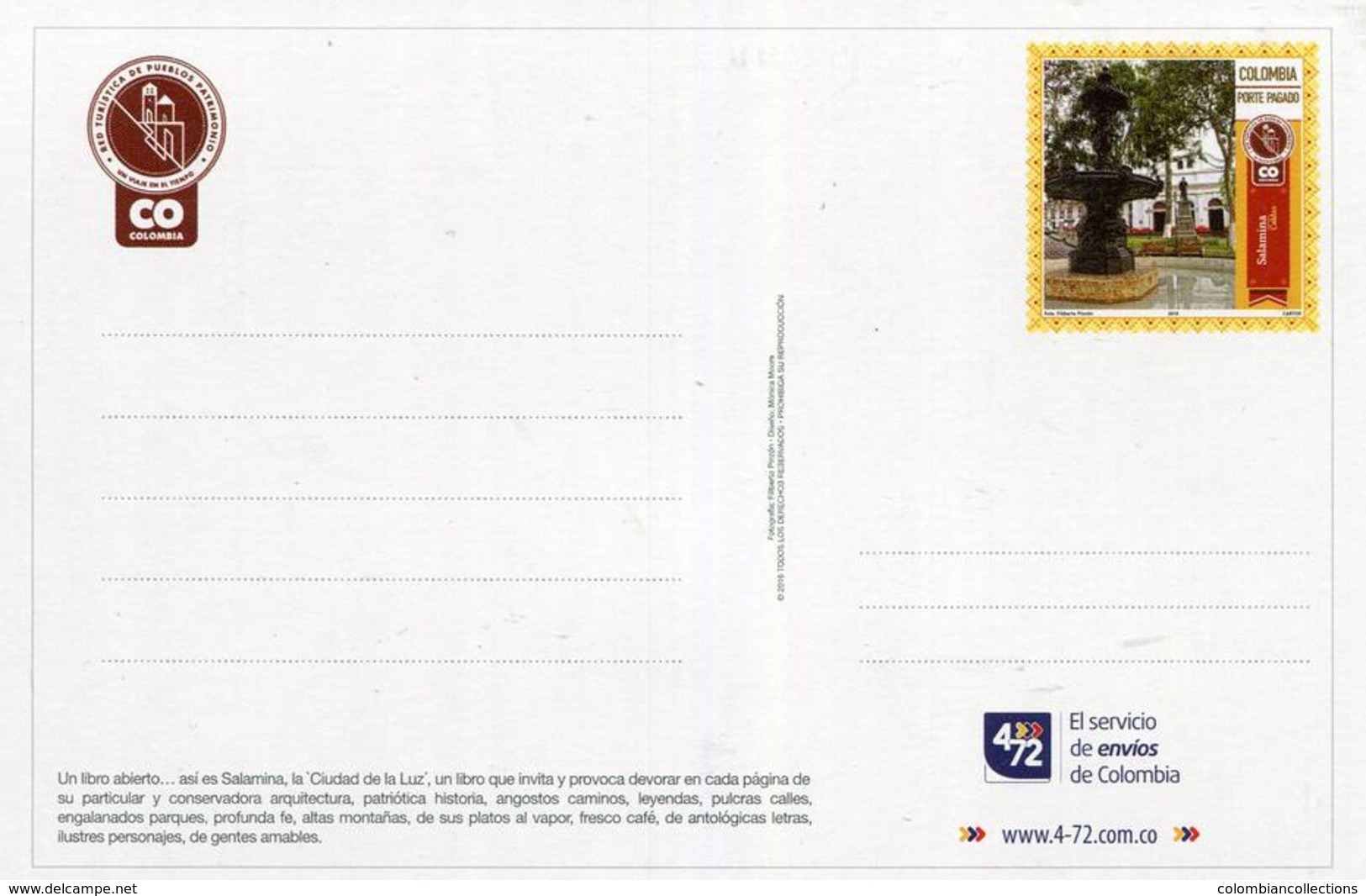 Lote PEP998, Colombia, 2016, Entero Postal Stationary, Postcard, Heritage Towns, Pueblos Patrimonio, Salamina - Colombia