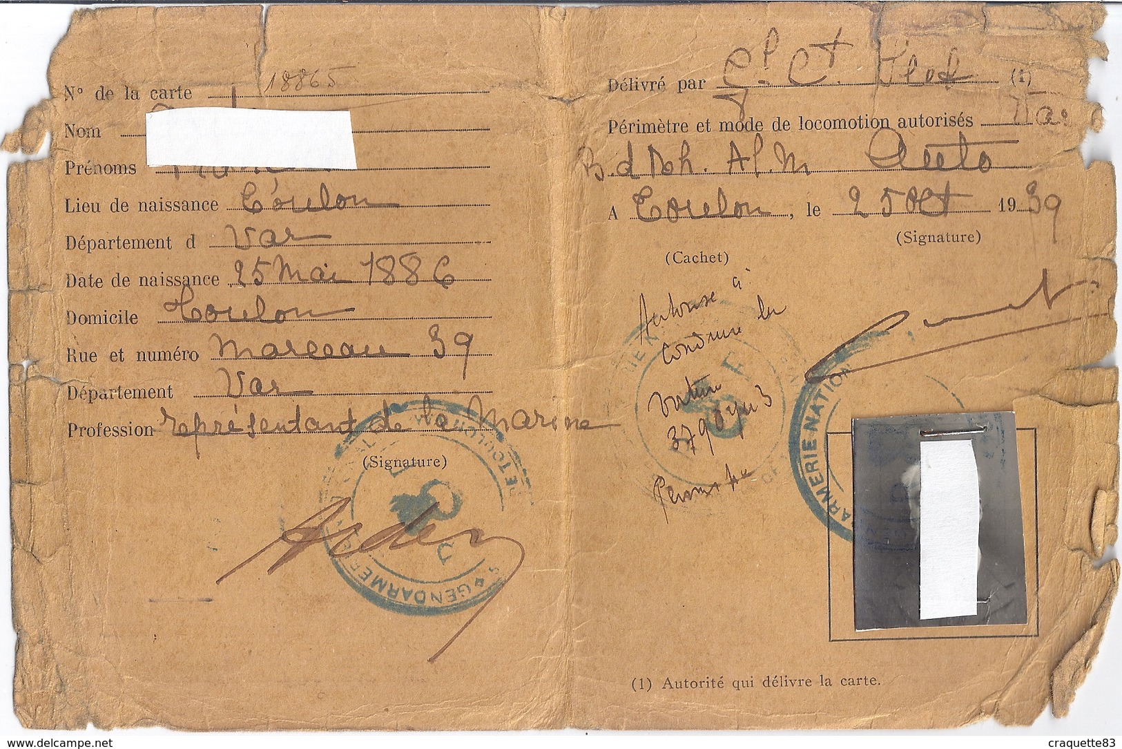 CARTE DE CIRCULATION TEMPORAIRE -VAR- TOULON- 1939 - Documents