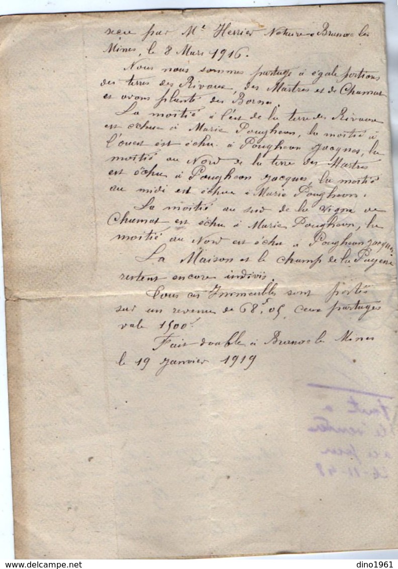 VP13.135 - Acte De 1919 - Partage Entre Mr POUGHEON à ARVANT & LEONARD à BRASSAC LES MINES & SAINTE FLORINE - Manuscrits