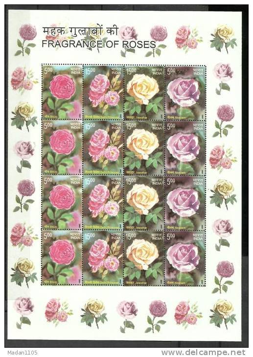 INDIA, 2007, Fragrance Of Roses, Scented Stamps 4v X 4, Full Sheet With Roses Borders,  MNH, (**) - Ongebruikt