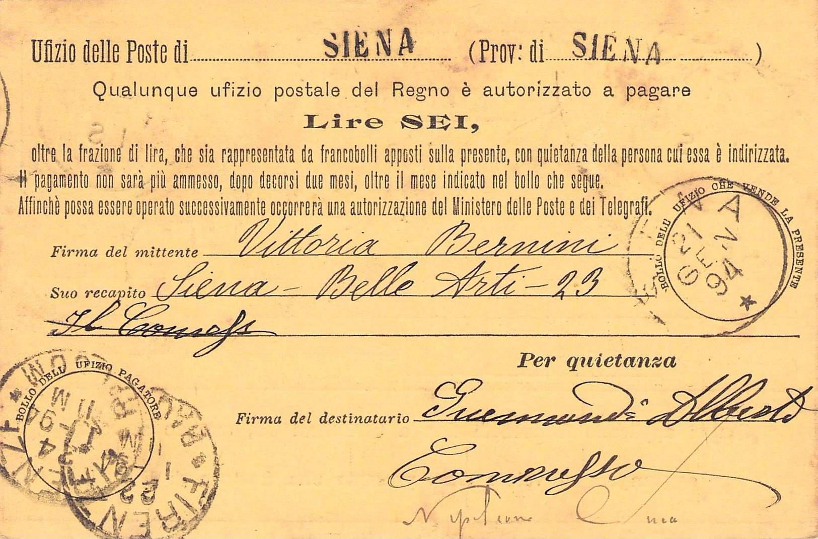 ITALY - CARTOLINA - VAGLIA 1894 SIENA -> FIRENZE Mi #A25 - Interi Postali