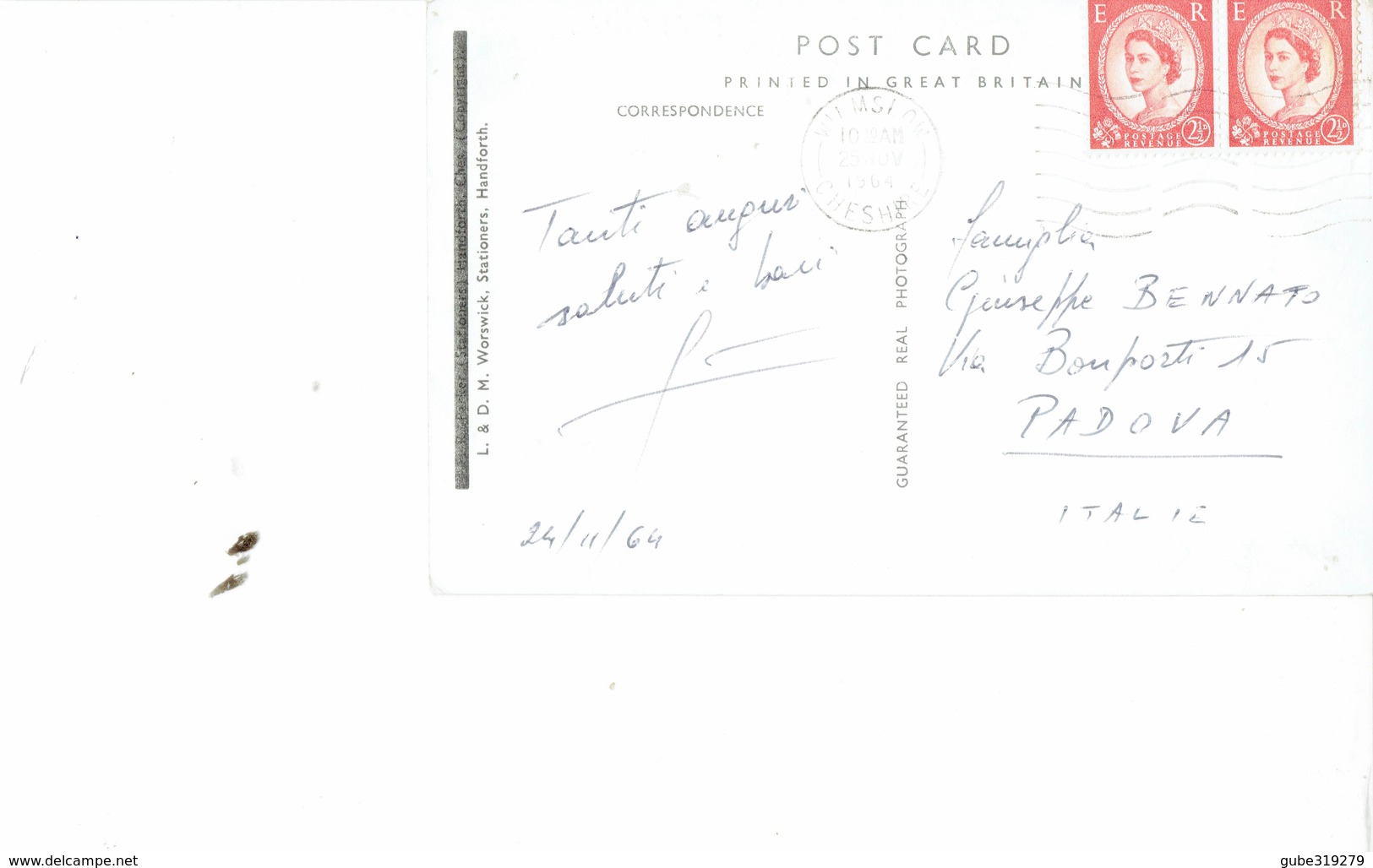 UNITED KINGDOM 1964 -  POSTCARD  WILMSLOW - HANDFORTH HALL- SHINING MAILED TO ITALY POST7587 - Other & Unclassified