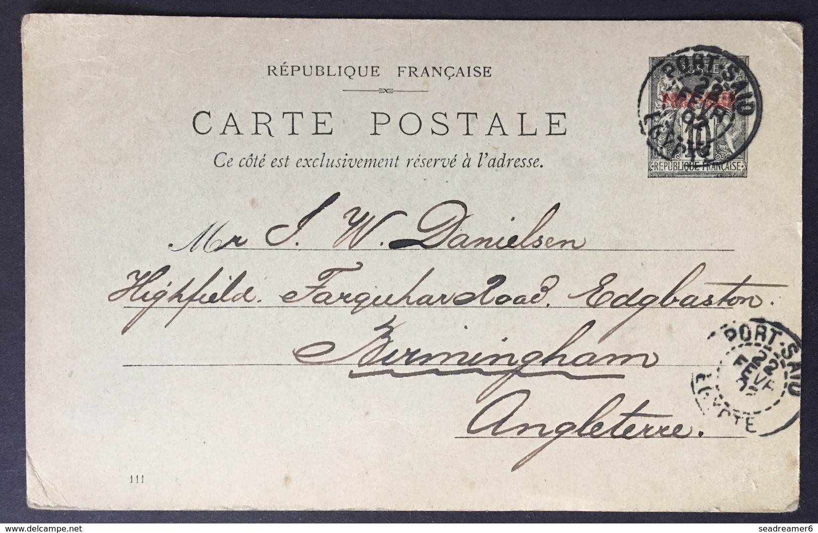 Lettre Entier Postal Port Said 10c Noir Obl Dateur Port Said /Egypte Pour L'Angleterre TTB - Covers & Documents