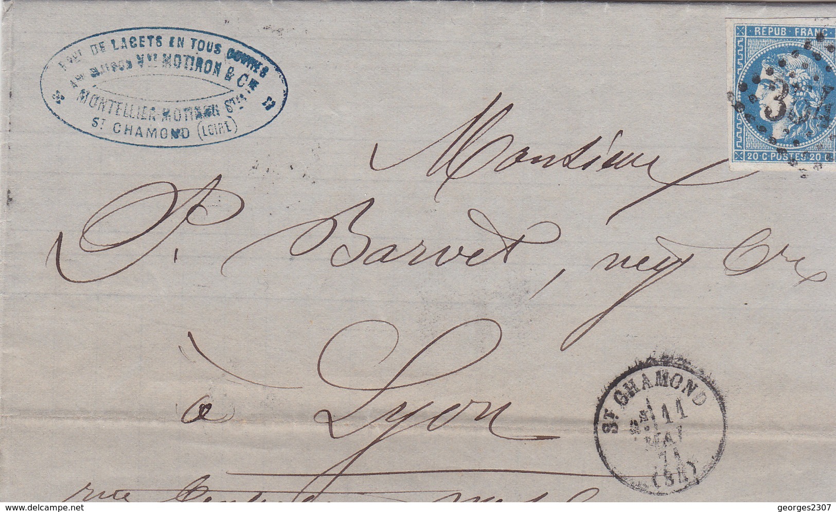 France: Timbre émission De Bordeaux Sur Lettre N°46- Losange Du 11mai 1871 - Pour Lyon - 1849-1876: Classic Period