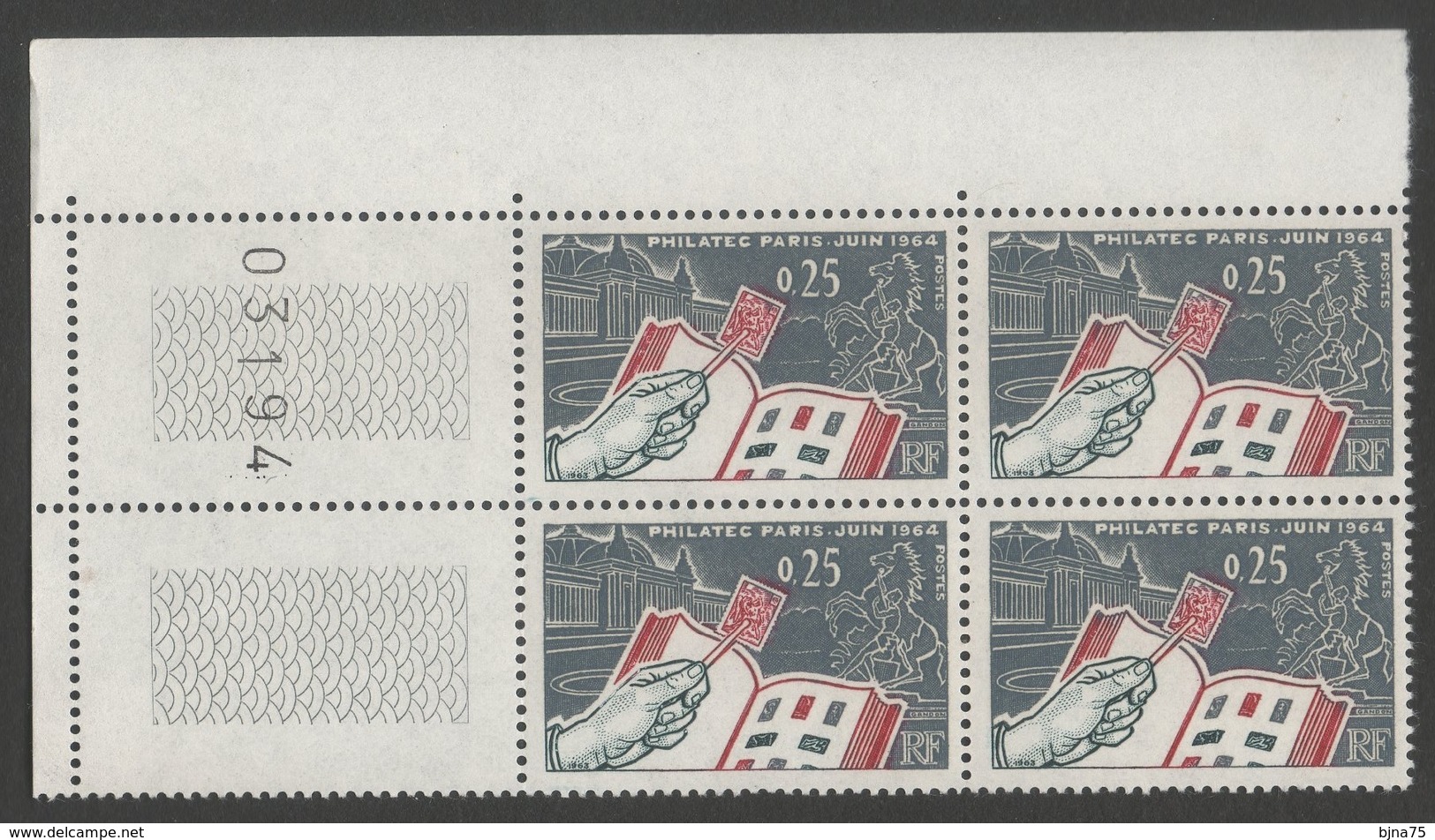 FRANCE 1963  N°YT 1403 ** Expo  PHILATEC PARIS   /  Bloc De 4  Coin Avec N° De Feuille /   MNH - Neufs