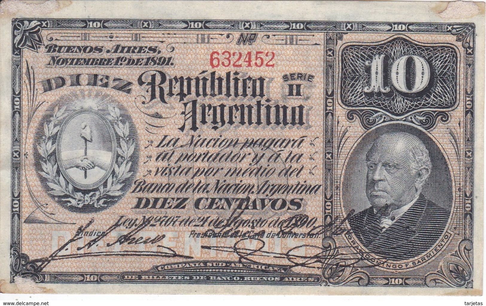 BILLETE DE ARGENTINA DE 10 PESOS DEL AÑO 1890  (BANKNOTE) - Argentinië