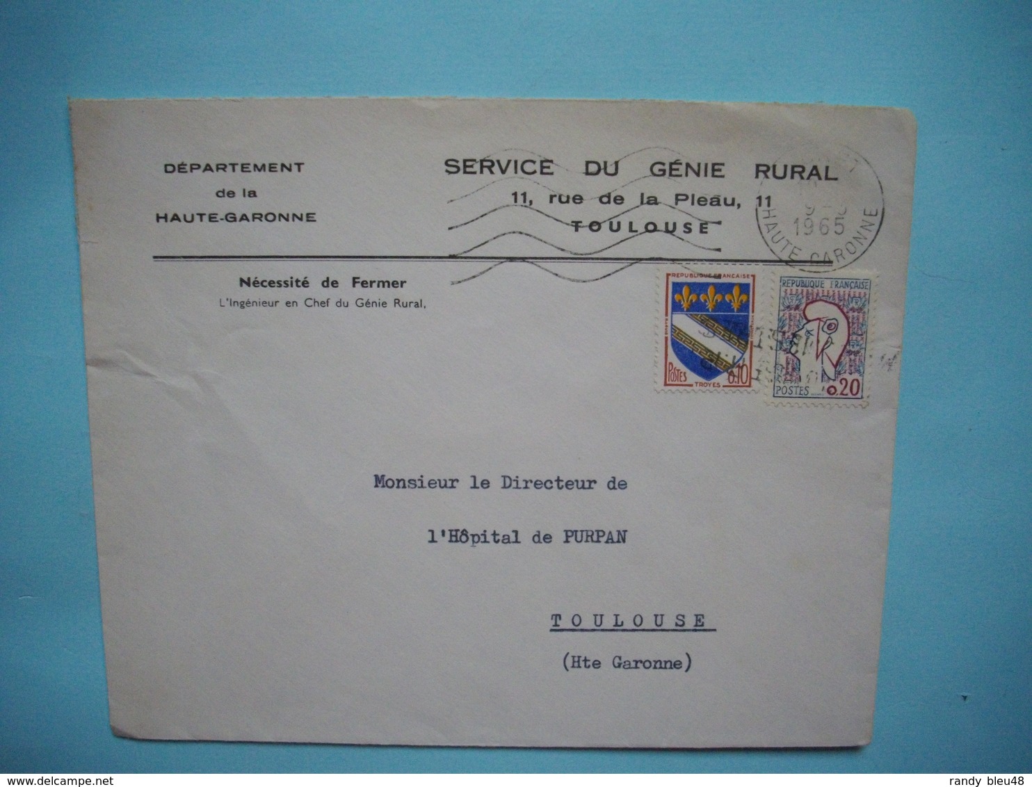 ENVELOPPE PUBLICITAIRE   - Service Du Génie Rural  -  Rue De La Pleau  -  31  -  TOULOUSE  -  Haute Garonne - 1965 - Autres & Non Classés