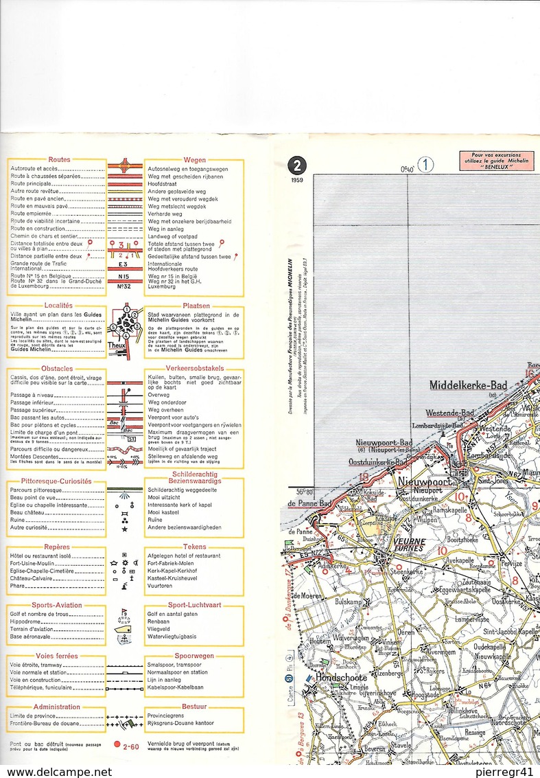 CARTE-ROUTIERE-MICHELIN-1959-N°2-OSTENDE/BRUXELLES/LIEGE-PAS De PLI  DECHIRE-TBE - Cartes Routières