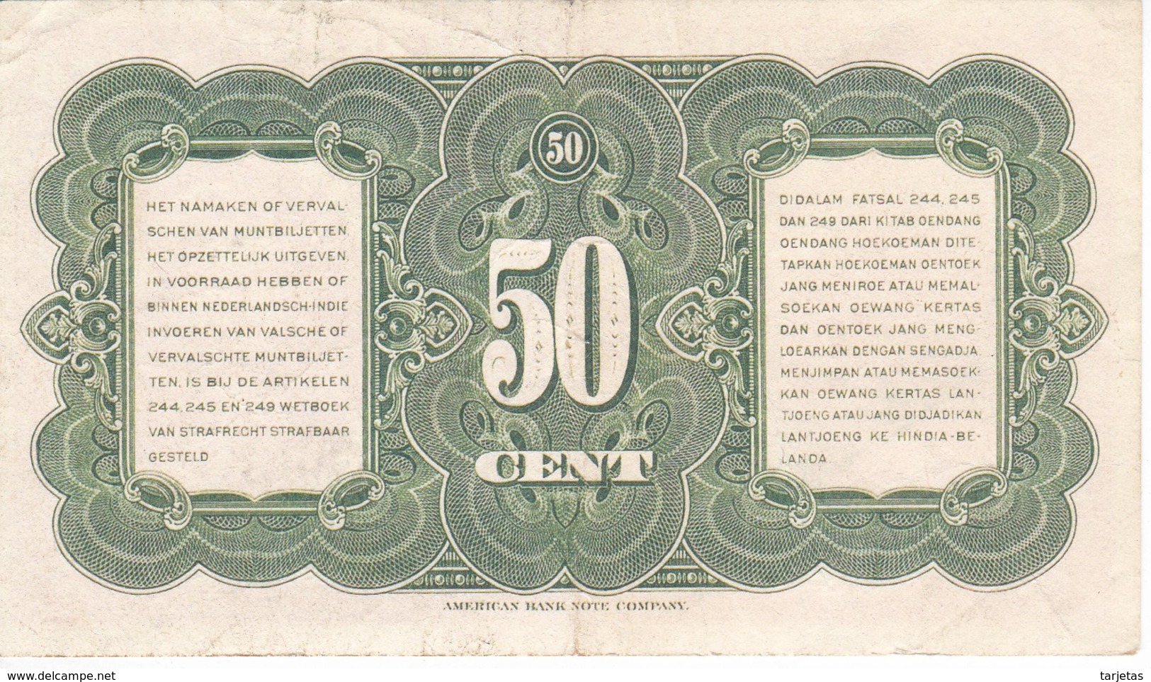 BILLETE DE NEDERLANDSCH INDIE DE 50 CENT DEL AÑO 1943  (BANKNOTE) - Indes Neerlandesas