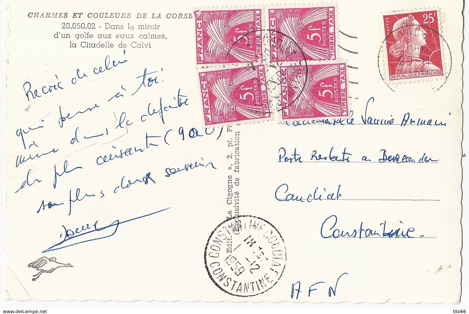 Marianne De Muller 1011C + Timbre Taxe 85 Sur Carte Postale Couleur De La Corse Vers Constantine - Oblitérés
