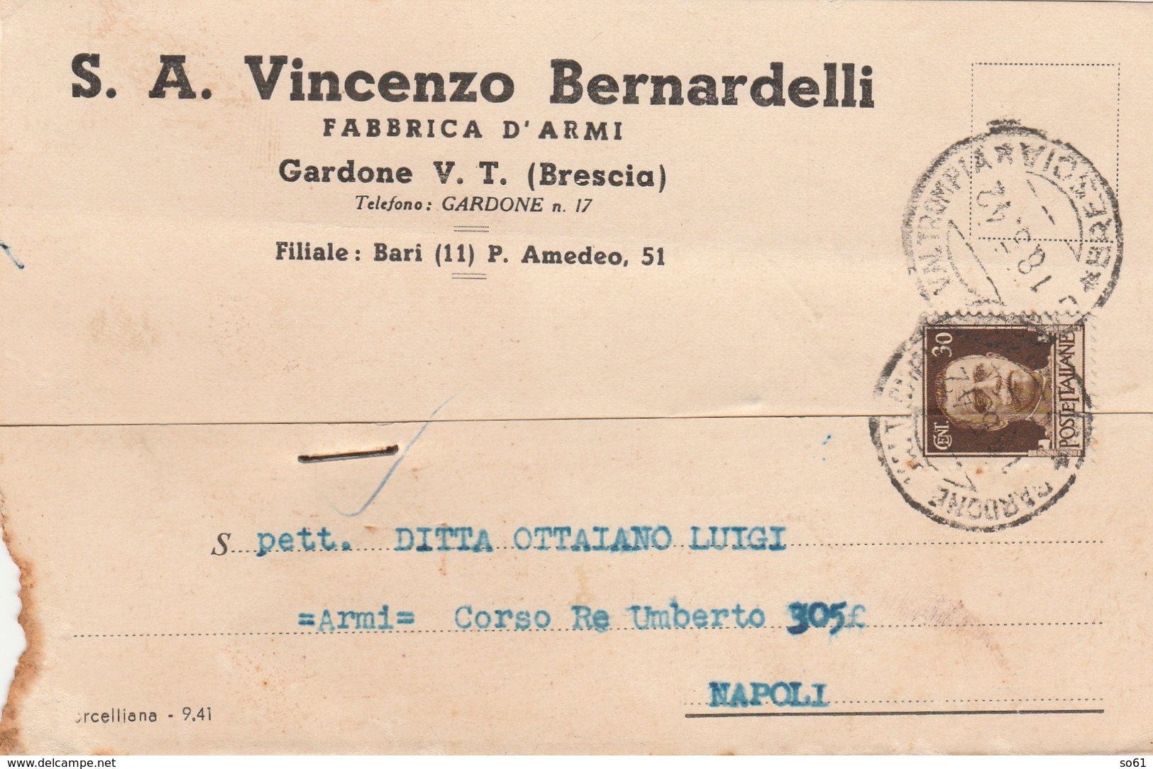 7698.   Cartolina Commerciale - Ditta Bernardelli Fabbrica D'armi Gardone Val Trompia Brescia Per Napoli 1942 - Altri & Non Classificati