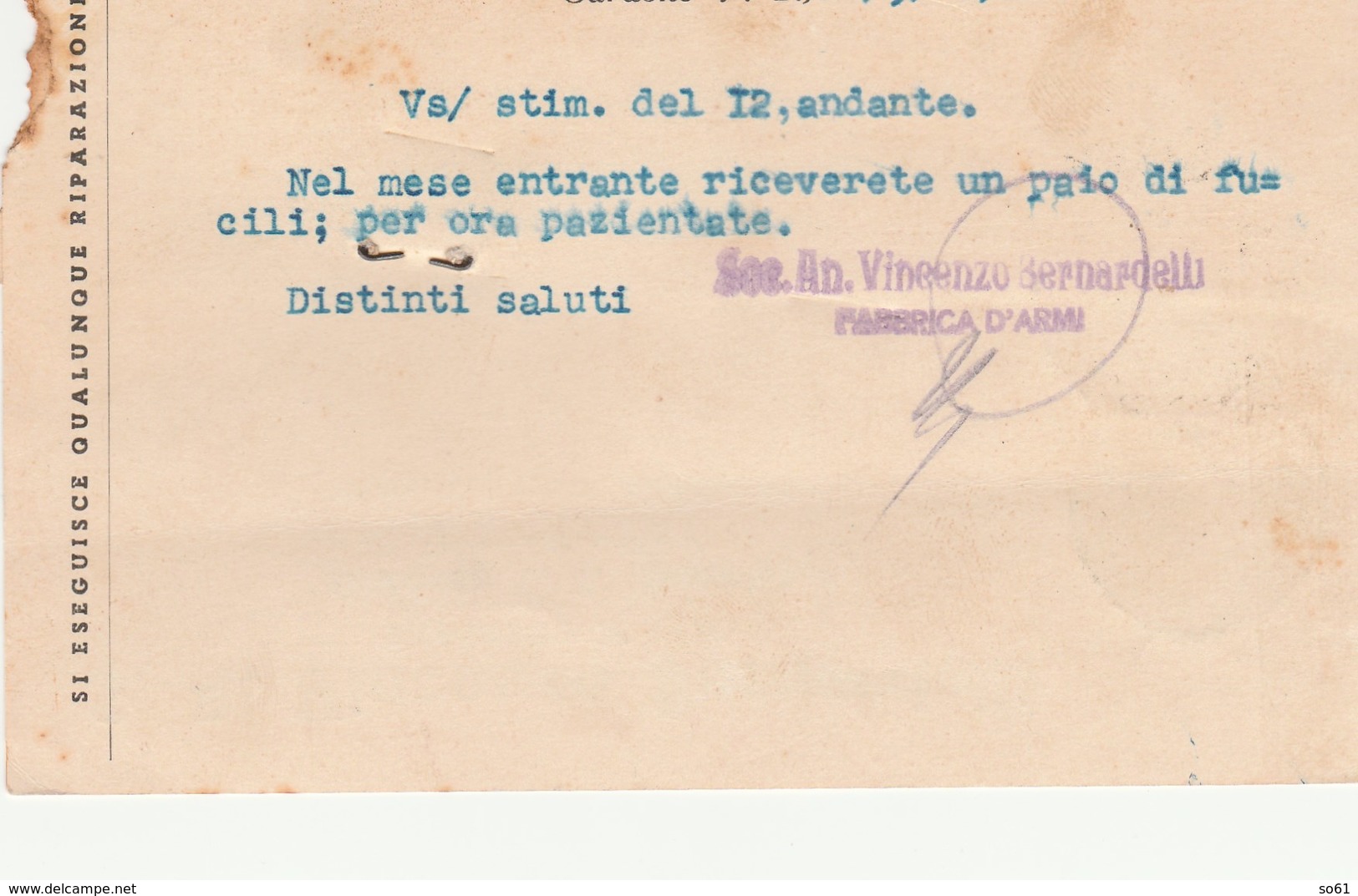 7698.   Cartolina Commerciale - Ditta Bernardelli Fabbrica D'armi Gardone Val Trompia Brescia Per Napoli 1942 - Altri & Non Classificati