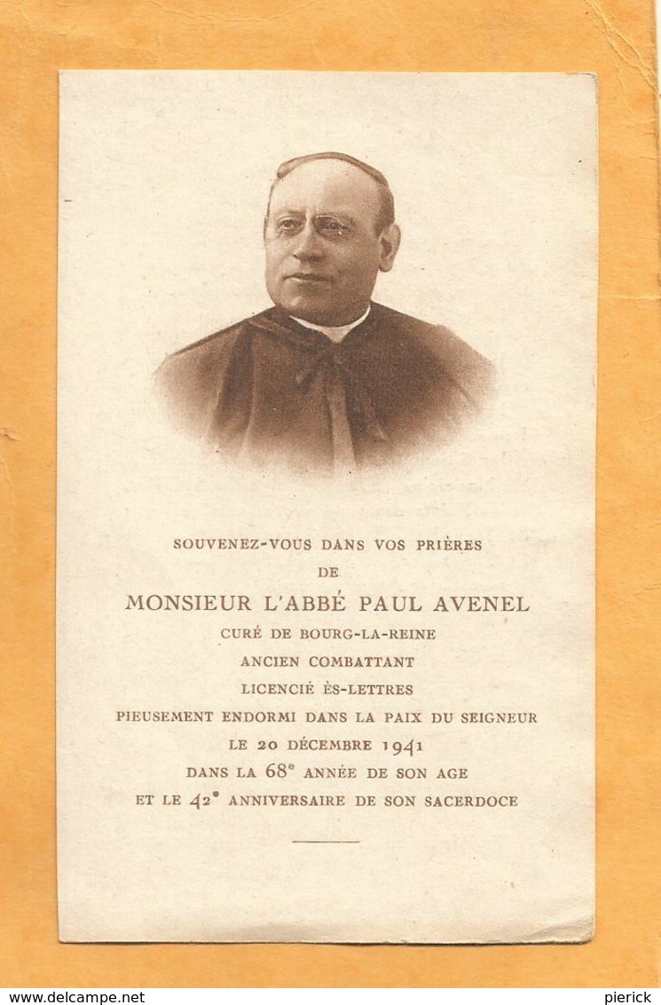 IMAGE PIEUSE HOLY CARD GENEALOGIE FAIRE PART AVIS DECES  ABBE AVENEL BOURG LA REINE 1873 1941 - Obituary Notices